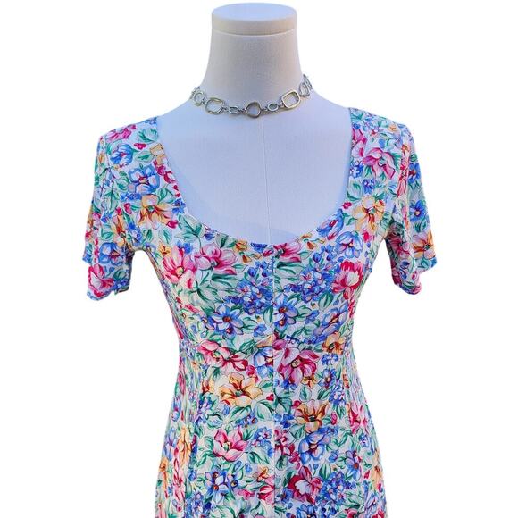 Colorful Floral Midi Lace Up Flowy Rayon Summer Ditsy Vacation Skater Dress Sz S - Picture 5 of 8
